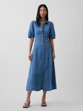 Robe chemise mi-longue en denim à manches bouffantes