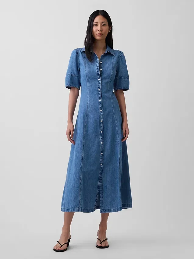 Robe chemise mi-longue en denim à manches bouffantes