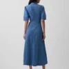 Robe chemise mi-longue en denim à manches bouffantes