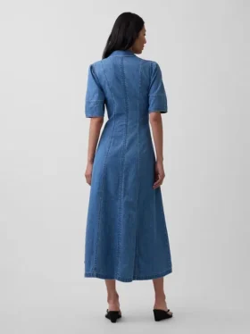 Robe chemise mi-longue en denim à manches bouffantes