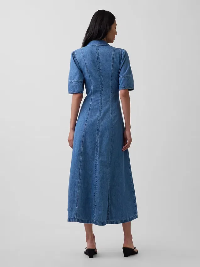Robe chemise mi-longue en denim à manches bouffantes