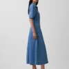 Robe chemise mi-longue en denim à manches bouffantes