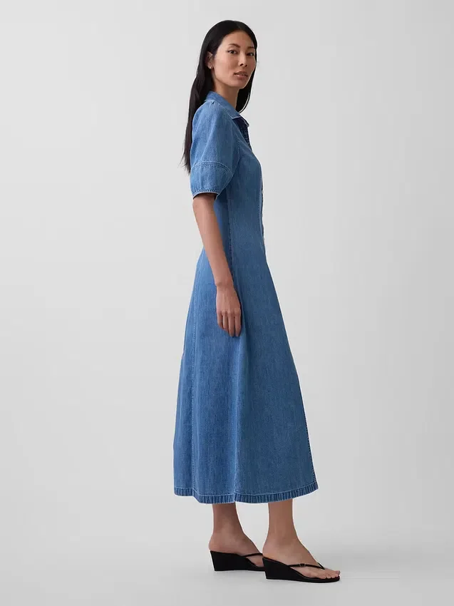 Robe chemise mi-longue en denim à manches bouffantes