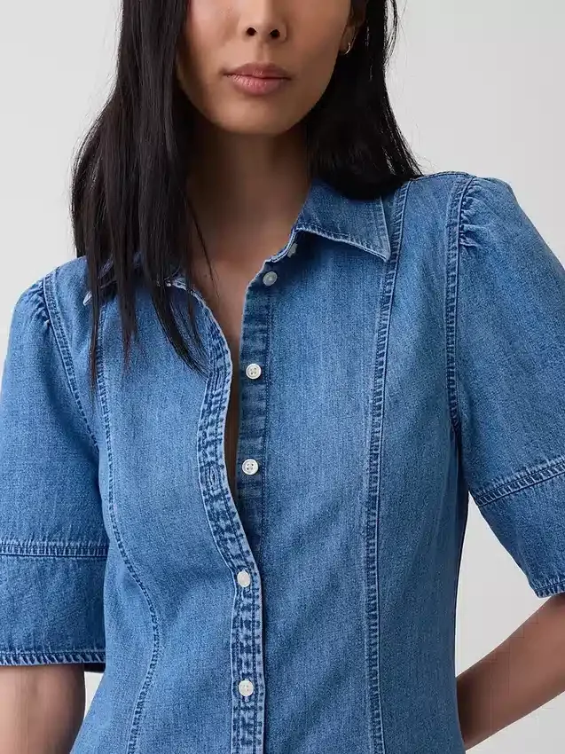 Robe chemise mi-longue en denim à manches bouffantes