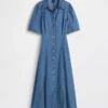 Robe chemise mi-longue en denim à manches bouffantes