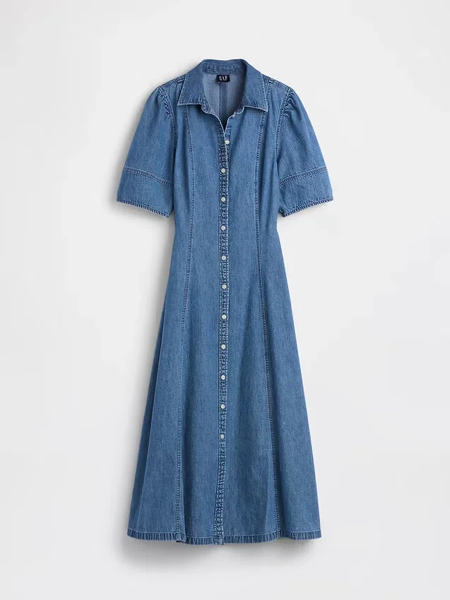 Robe chemise mi-longue en denim à manches bouffantes