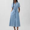 Robe chemise mi-longue en denim à nouer à la taille