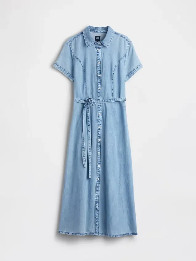Robe chemise mi-longue en denim à nouer à la taille