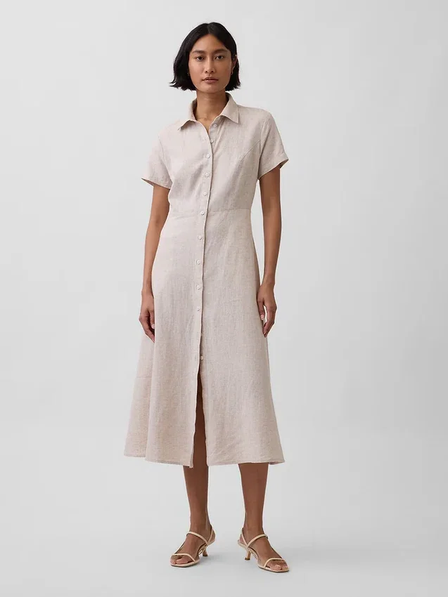Robe chemise mi-longue en mélange de lin