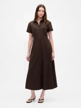 Robe chemise mi-longue en mélange de lin