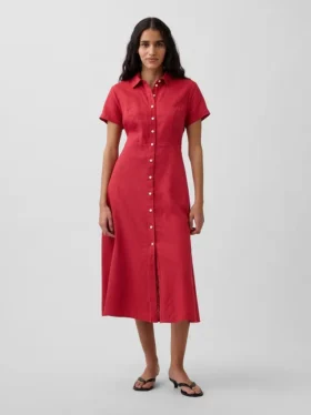 Robe chemise mi-longue en mélange de lin