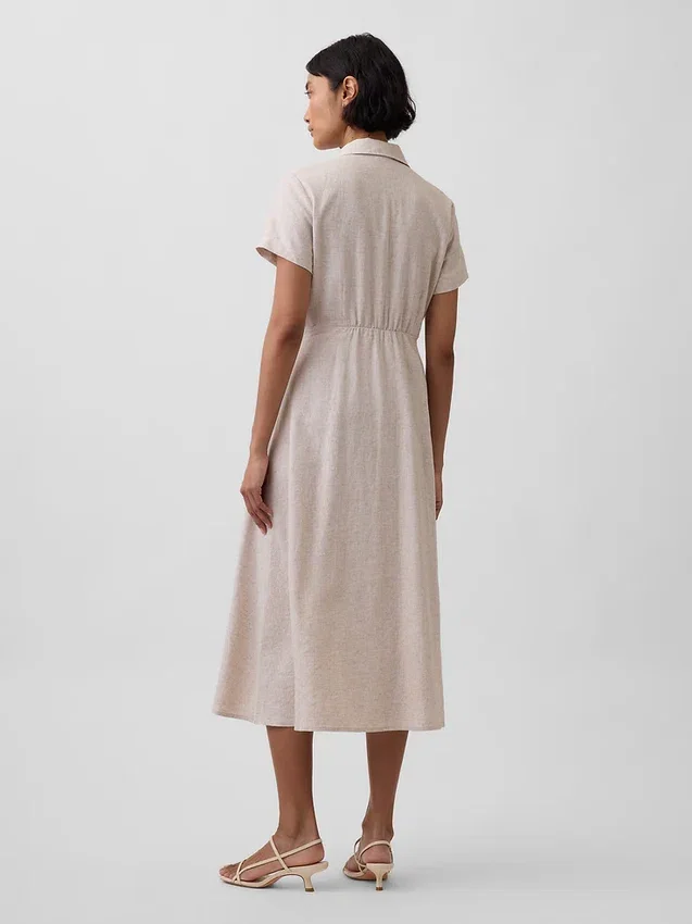 Robe chemise mi-longue en mélange de lin