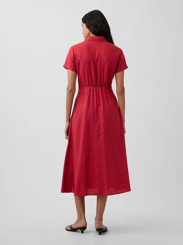 Robe chemise mi-longue en mélange de lin
