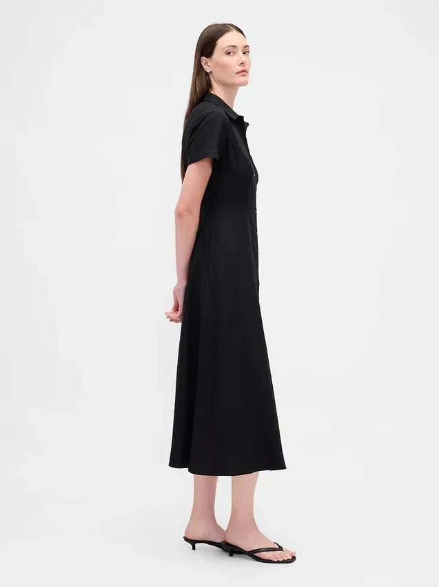 Robe chemise mi-longue en mélange de lin