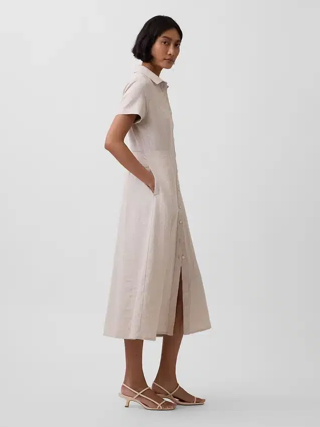Robe chemise mi-longue en mélange de lin
