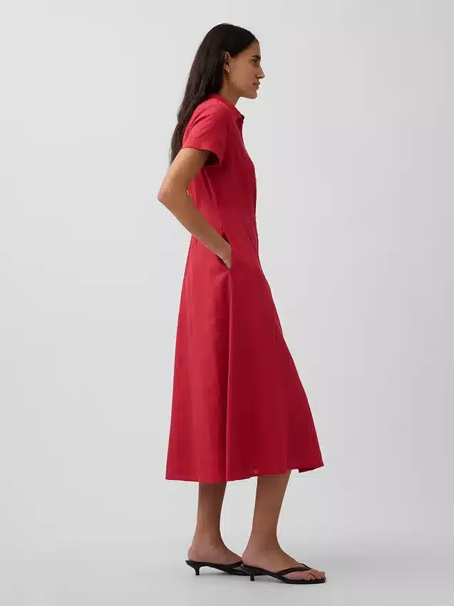 Robe chemise mi-longue en mélange de lin