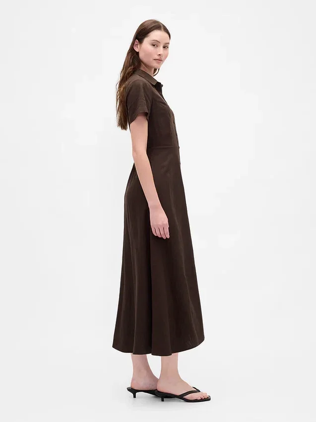 Robe chemise mi-longue en mélange de lin