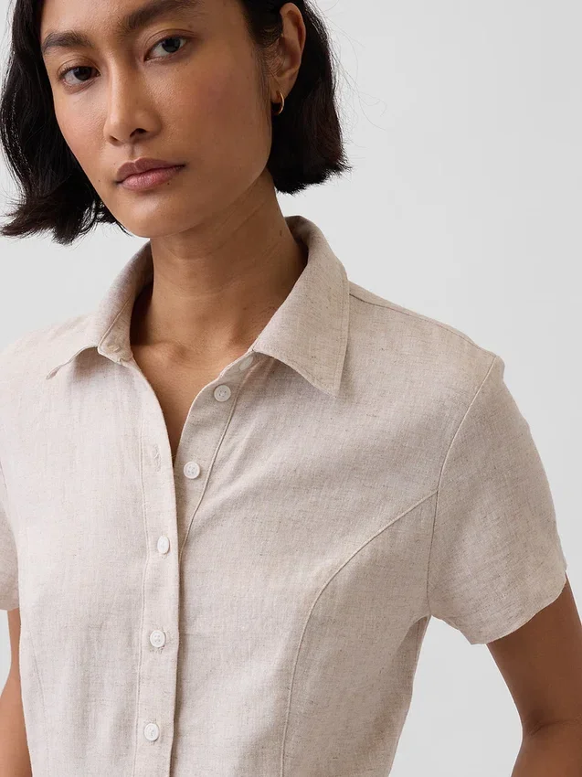 Robe chemise mi-longue en mélange de lin