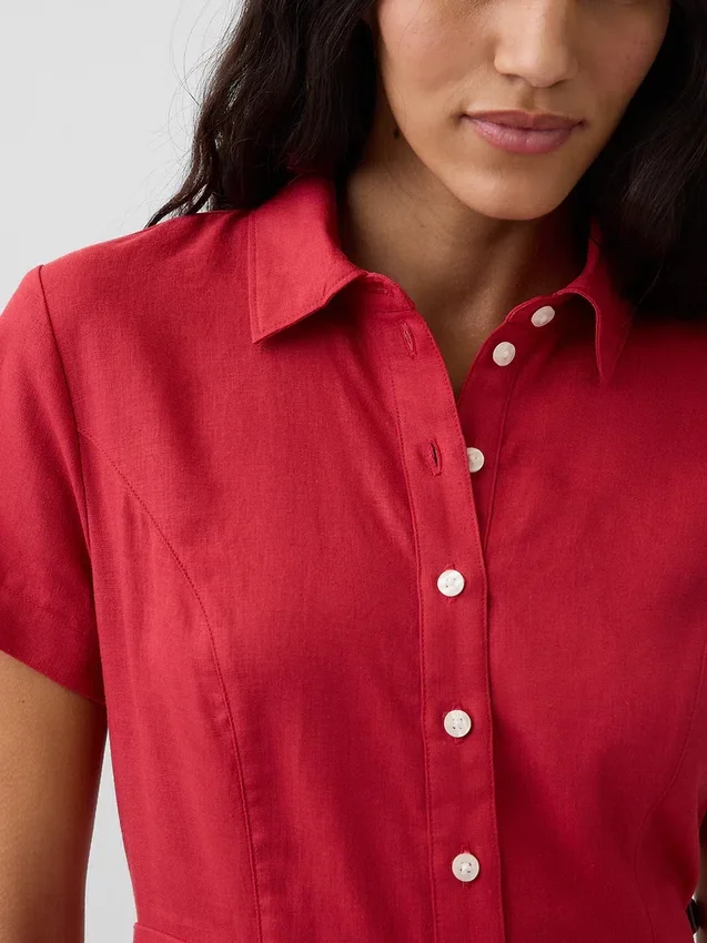 Robe chemise mi-longue en mélange de lin