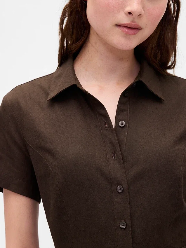 Robe chemise mi-longue en mélange de lin