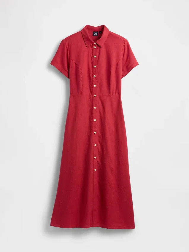 Robe chemise mi-longue en mélange de lin