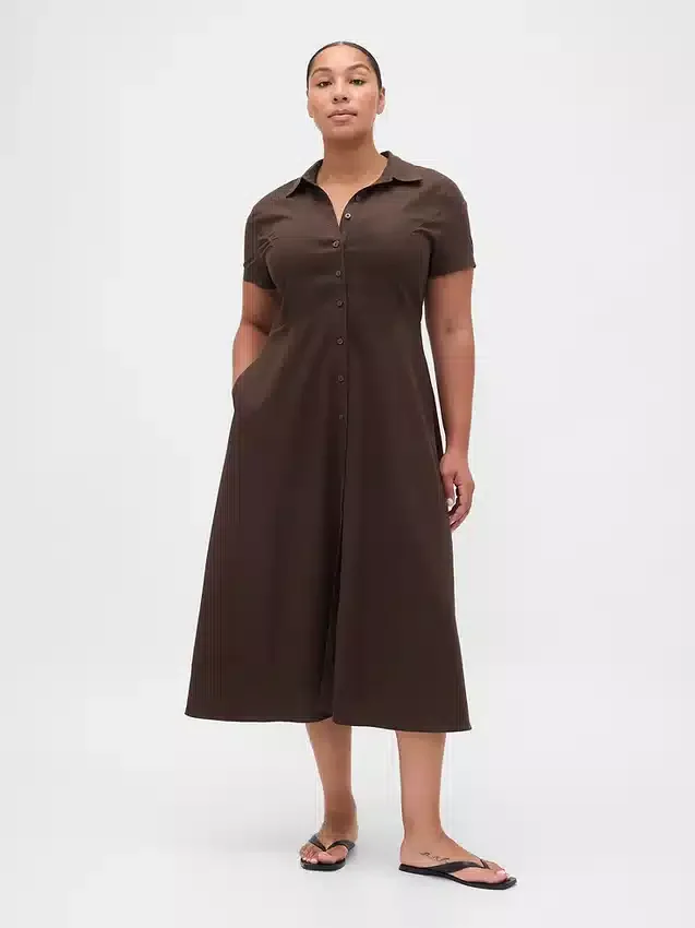 Robe chemise mi-longue en mélange de lin