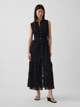 Robe chemise mi-longue à volants et bordure en dentelle