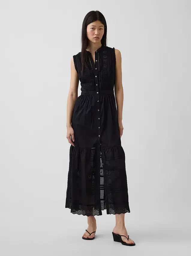Robe chemise mi-longue à volants et bordure en dentelle