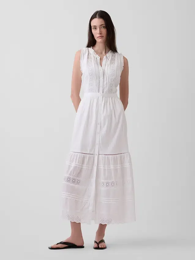 Robe chemise mi-longue à volants et bordure en dentelle
