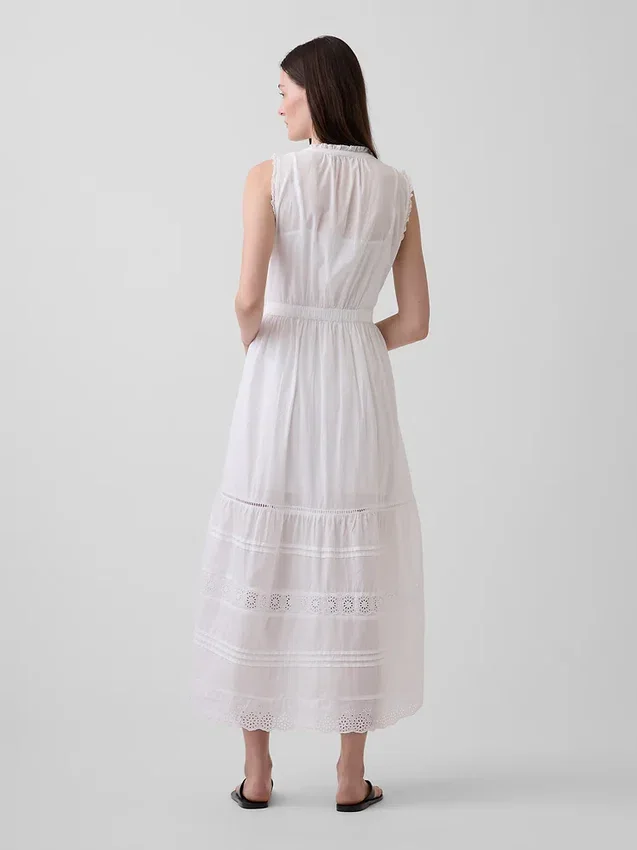 Robe chemise mi-longue à volants et bordure en dentelle