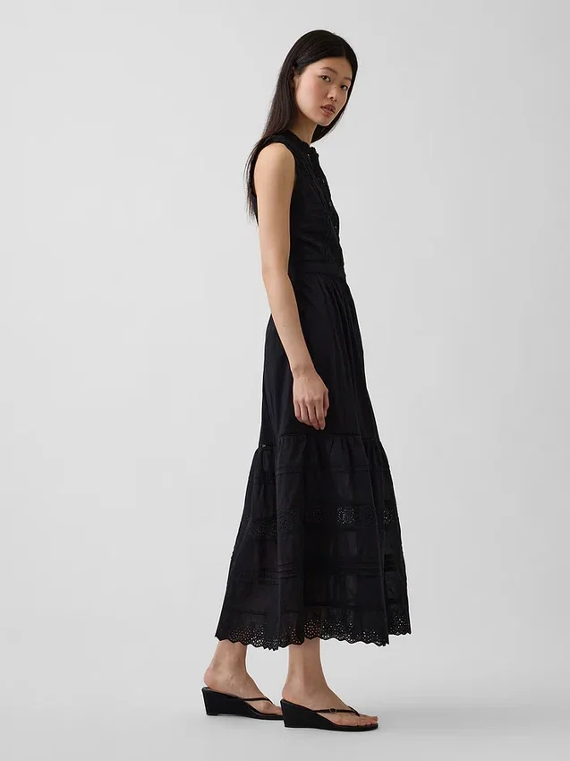 Robe chemise mi-longue à volants et bordure en dentelle