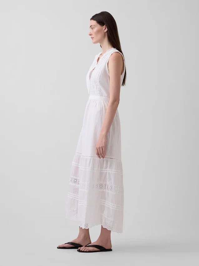 Robe chemise mi-longue à volants et bordure en dentelle