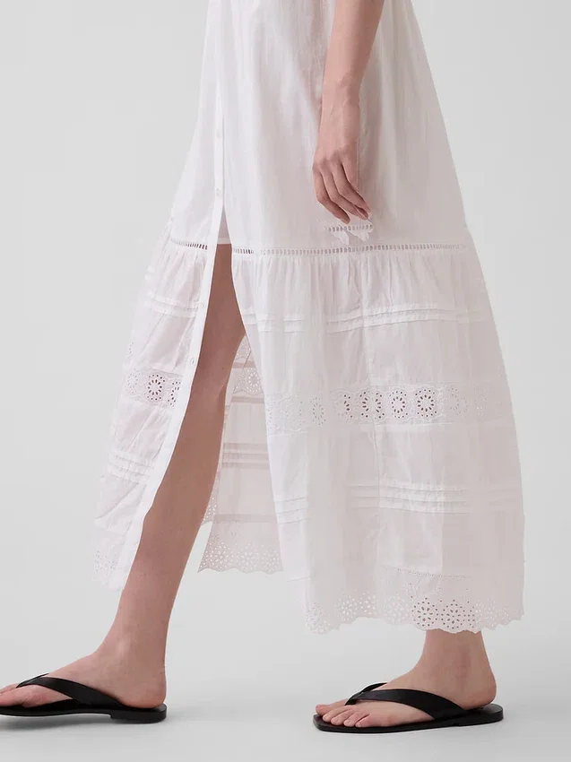 Robe chemise mi-longue à volants et bordure en dentelle