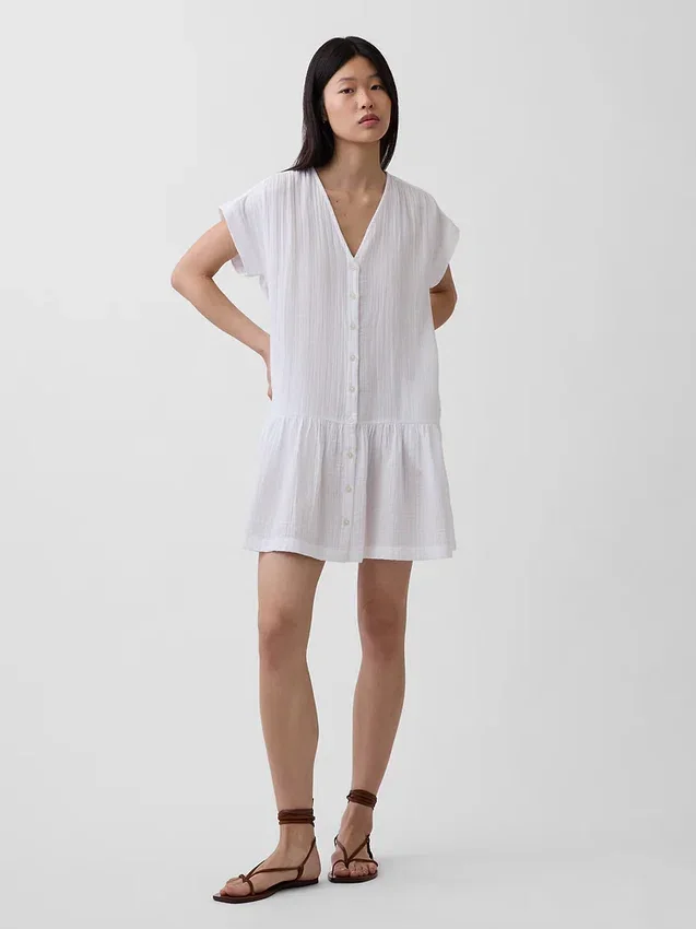 Robe chemise à taille basse en gaze de coton