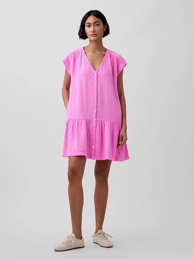 Robe chemise à taille basse en gaze de coton