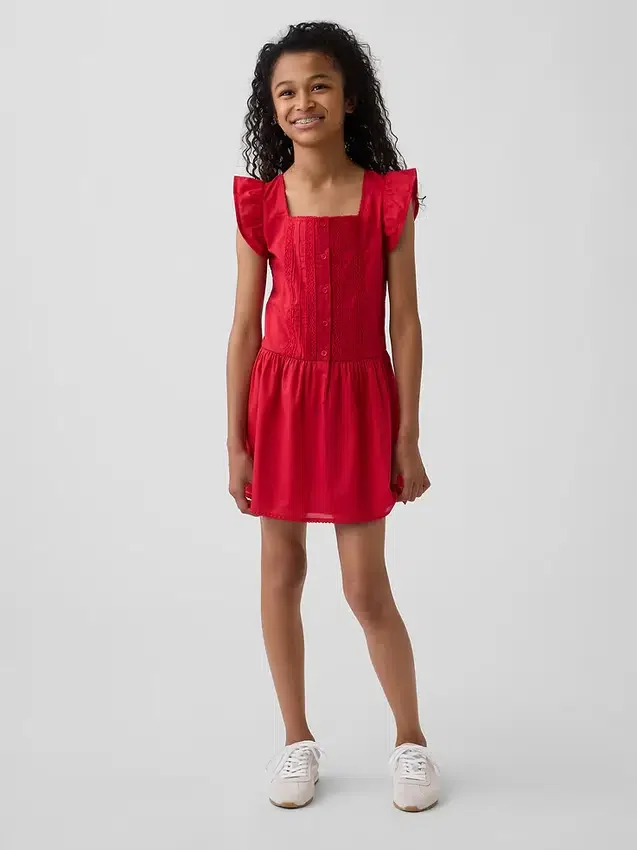Robe enfant à manches flottantes et bordure en dentelle