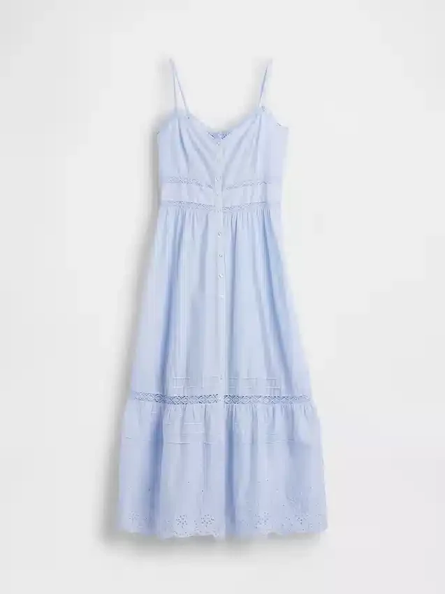 Robe longue à boutons sur le devant, bordée de dentelle