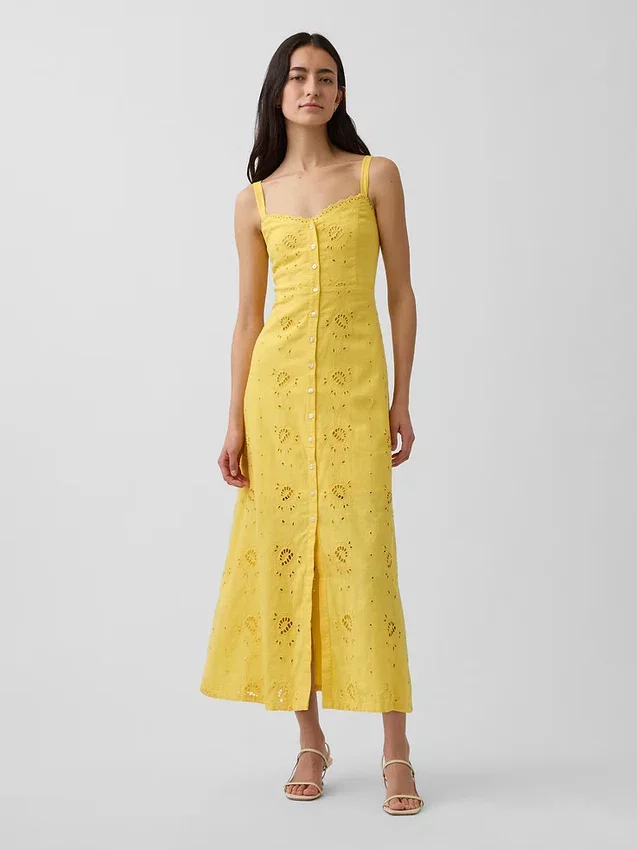 Robe longue à bretelles fines en mélange de lin brodé