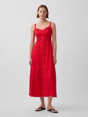 Robe longue à bretelles fines en mélange de lin brodé