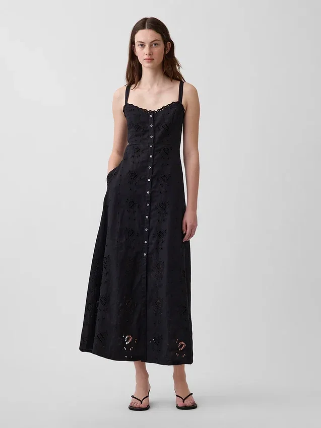 Robe longue à bretelles fines en mélange de lin brodé
