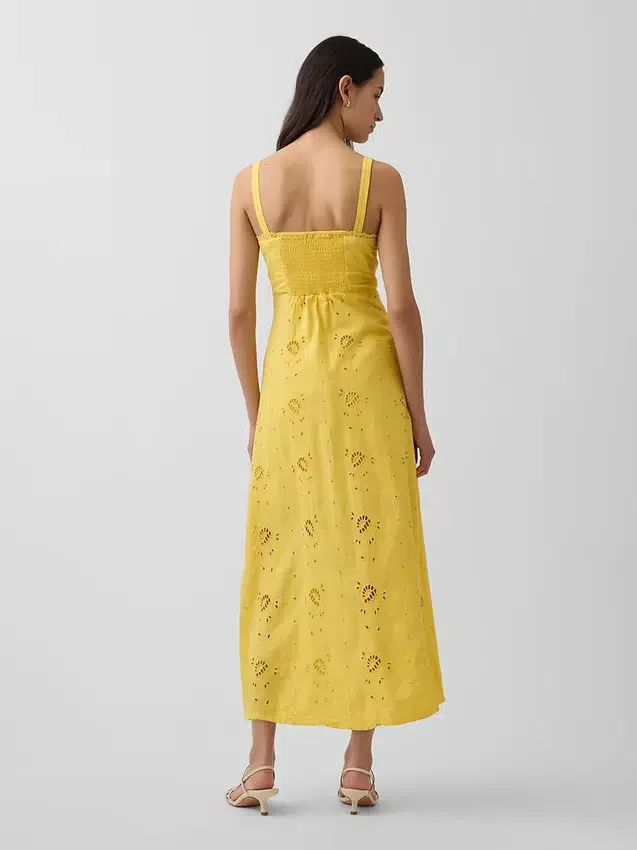 Robe longue à bretelles fines en mélange de lin brodé