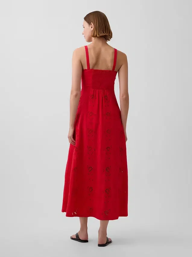 Robe longue à bretelles fines en mélange de lin brodé