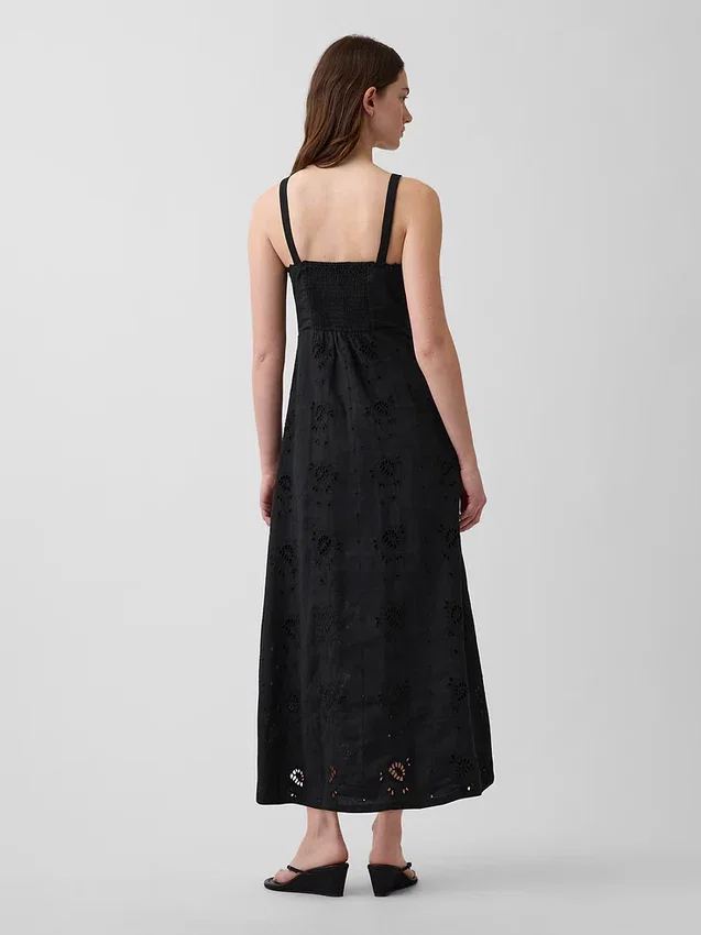 Robe longue à bretelles fines en mélange de lin brodé