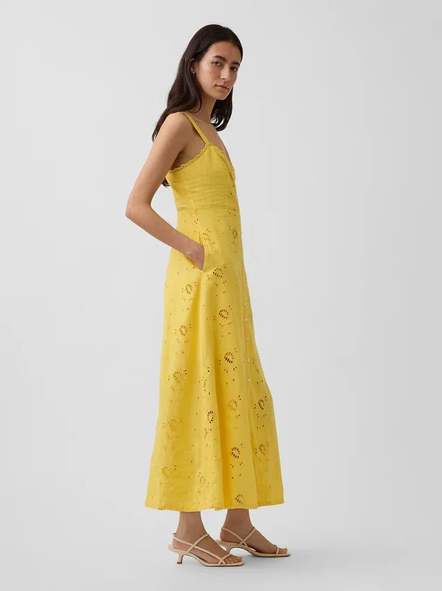 Robe longue à bretelles fines en mélange de lin brodé