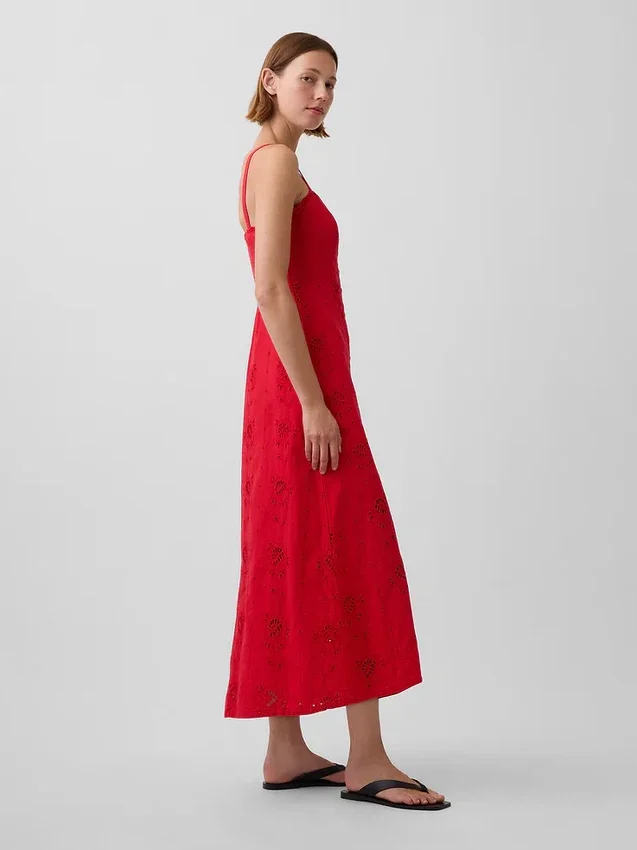 Robe longue à bretelles fines en mélange de lin brodé