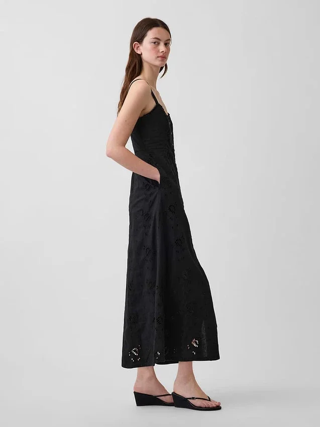 Robe longue à bretelles fines en mélange de lin brodé