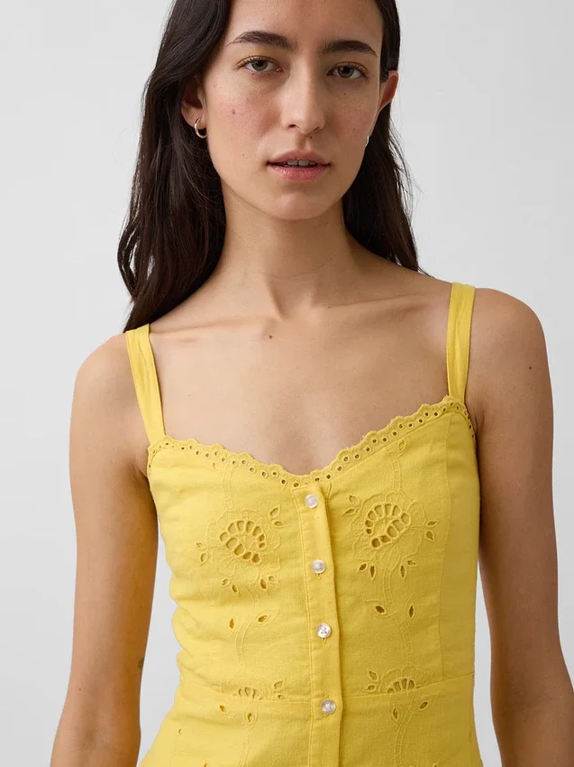 Robe longue à bretelles fines en mélange de lin brodé