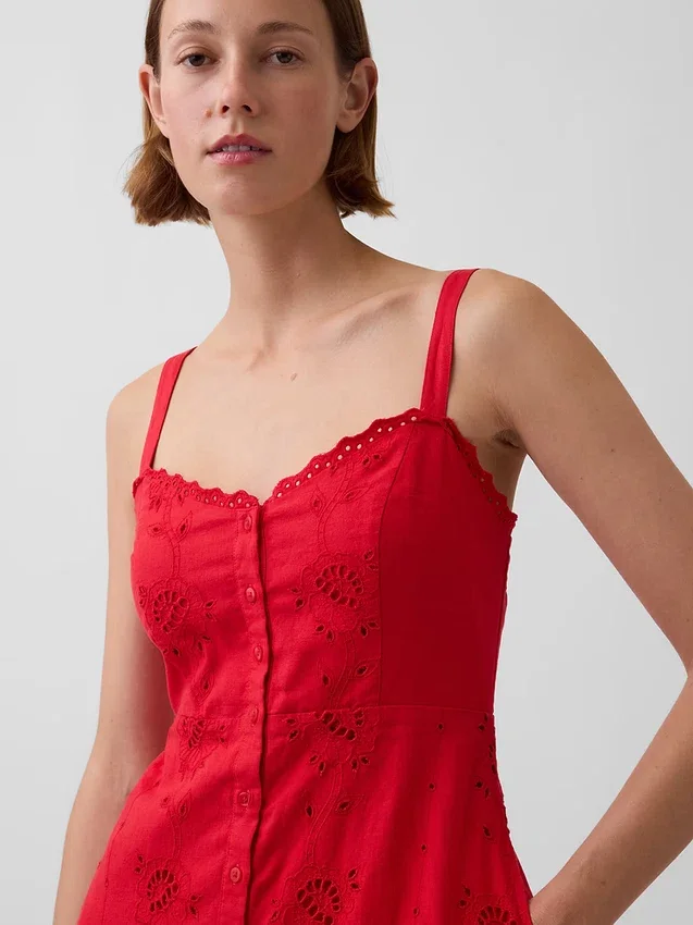 Robe longue à bretelles fines en mélange de lin brodé