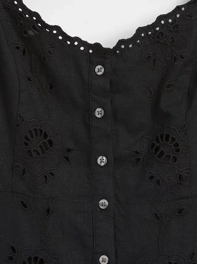 Robe longue à bretelles fines en mélange de lin brodé
