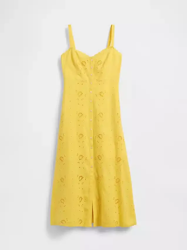 Robe longue à bretelles fines en mélange de lin brodé